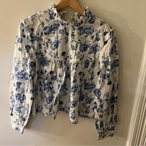 Zara White Blue Embroidered Blouse
